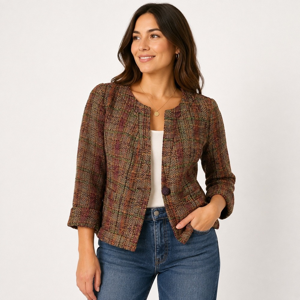 Coldwater Creek Tweed Wool Blend Blazer Jacket Multi Color Petite 8P